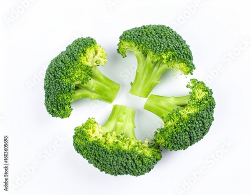 Four broccoli florets arranged in a starburst pattern on a white background.  Bright green florets, small, tightly packed,  freshly cut