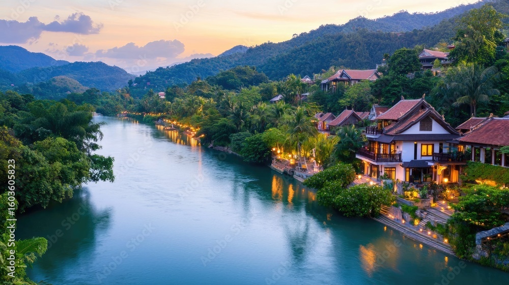 Naklejka premium Tranquil River Landscape at Dusk with Lush Greenery and Charming Villas Amidst Mountainous Backdrop