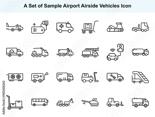 Black line art shows diverse airport vehicles collection icon