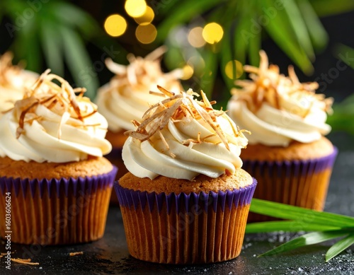 Four cupcakes with cream frosting and shredded coconut topping.  They sit on a dark surface, with tropical foliage and lights in the background