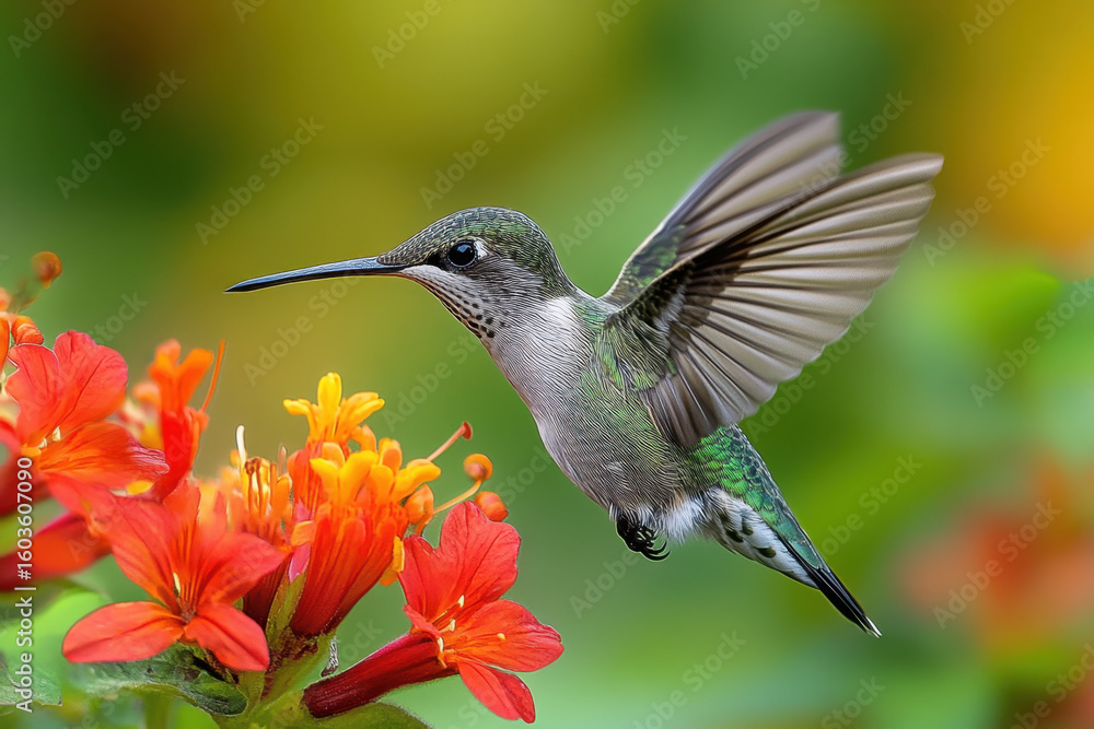 Fototapeta premium Hummingbird hovering over a flower.