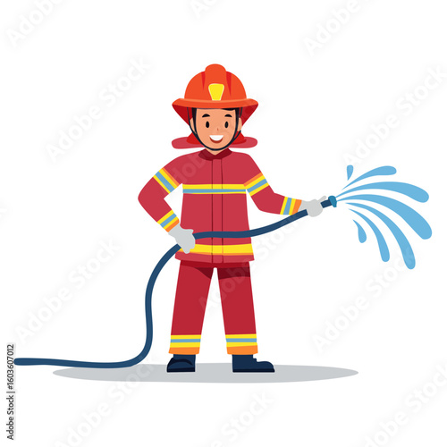 Cartoon firefighter dousing something and smiling
