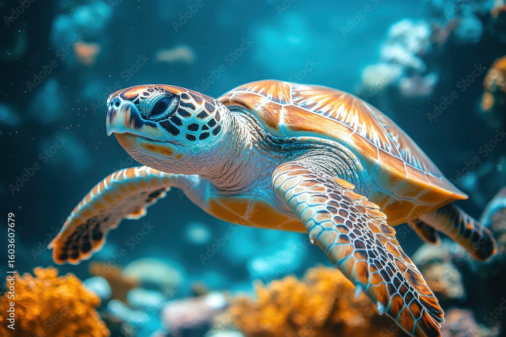 Fototapeta premium Green turtle swimming in ocean.