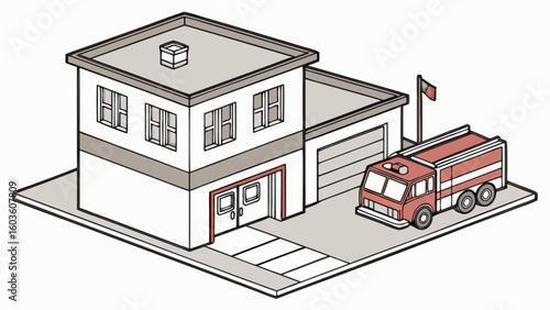 Isometric fire station with fire truck and american flag vector illustration for emergency services design