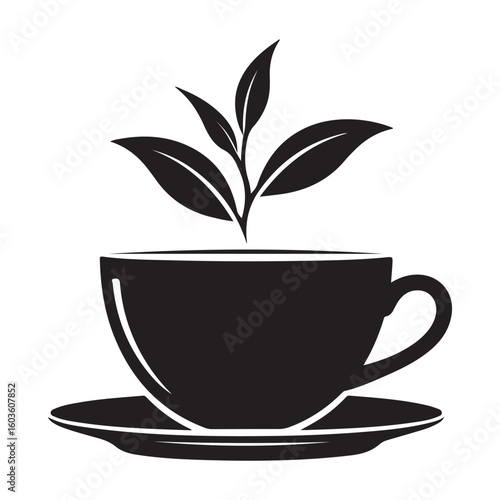 Tea Cup with Leaves - Black and White Vector Illustration