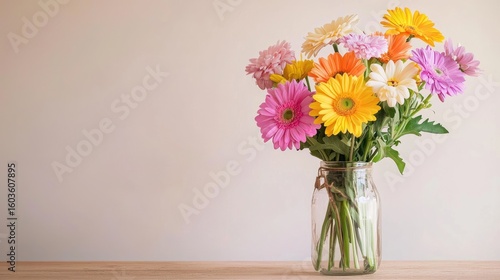 Wallpaper Mural Bright and Colorful Flower Arrangement in a Glass Jar on a Wooden Table Set Against a Soft Neutral Background Torontodigital.ca