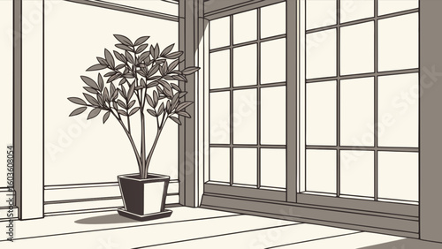 Illustration of indoor potted plant near window with natural light streaming in for home decor ideas