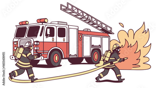 Firefighters extinguishing fire with fire truck and hose emergency services vector illustration scene design