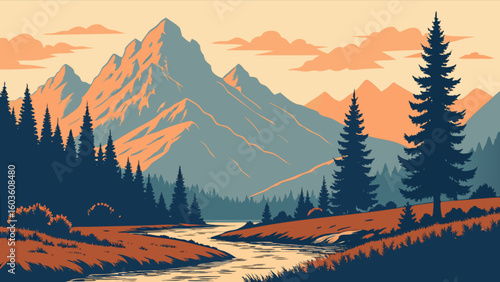 Explore scenic mountain landscape illustration with river and pine trees for nature adventure travel designs