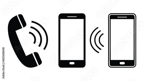Black telephone handset and two smartphones with signal waves