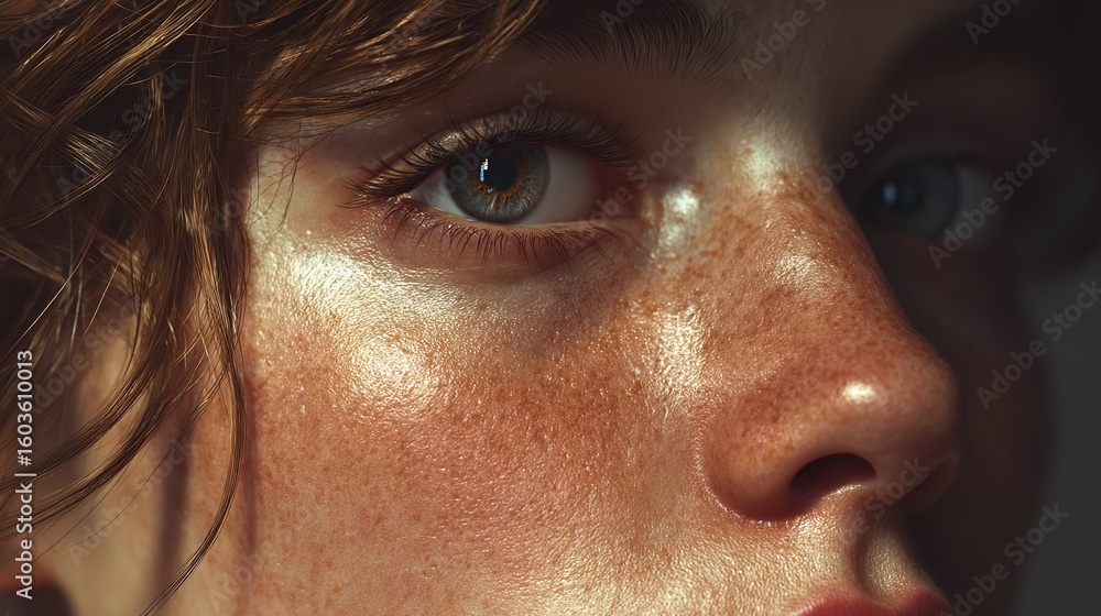 Fototapeta premium Close-up of face, freckles, blue eye, redhead hair, depicting natural beauty and unique features
