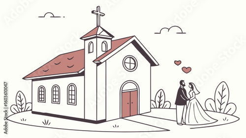 Wedding ceremony at church illustration with bride and groom vector design for marriage and love concept