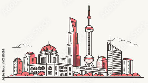 Shanghai skyline illustration vector art cityscape drawing oriental pearl tower jin mao tower and world finance center