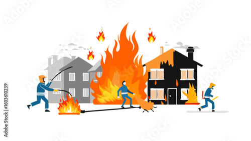 House fire emergency response vector illustration showing firefighters and burning building rescue and safety 100