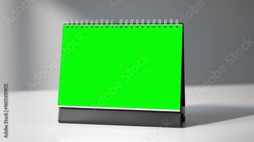 Desktop spiral calendar featuring a blank green chroma key screen for custom design. A versatile office mockup or template.