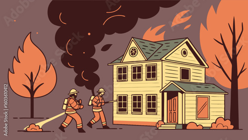 Firefighters extinguish house fire vector illustration emergency services fire safety home rescue burning building