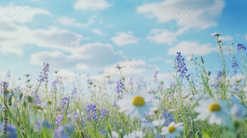 Beautiful field meadow flowers chamomile, blue wild peas in morning against blue sky with clouds, nature landscape, close-up macro. Wide format, copy space