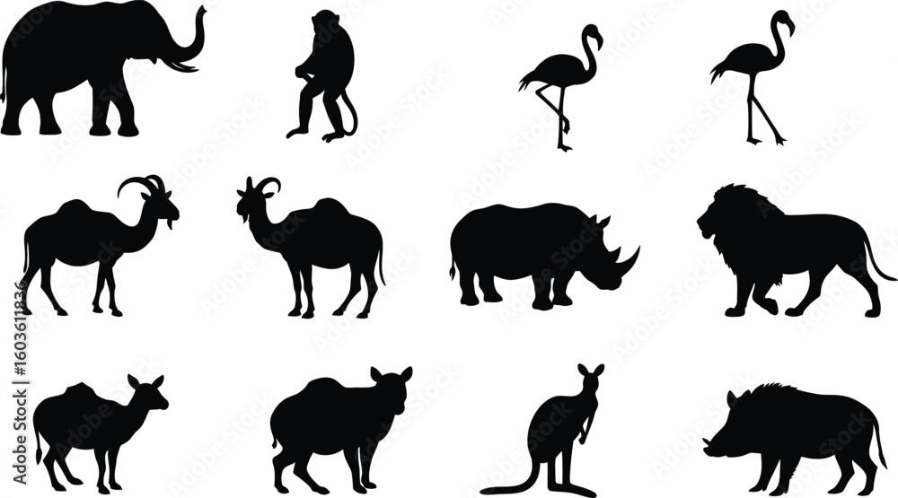 Obraz premium Diverse animal silhouettes including elephant, camel, lion, flamingo, monkey, rhino, kangaroo, warthog, and more