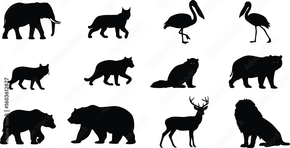 Fototapeta premium Collection of diverse animal silhouettes including elephant, lion, bear, deer, cat, flamingo, pelican
