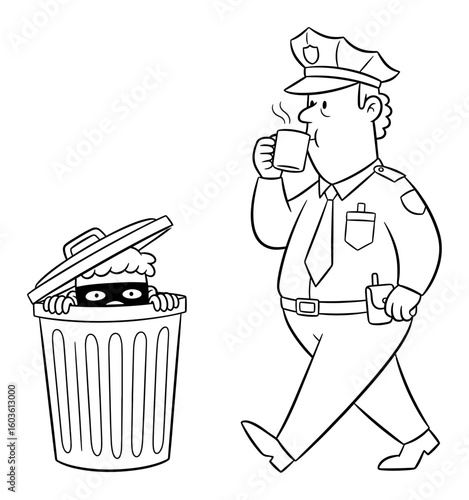 Cartoon Illustration of a Police Officer Drinking Coffee While a Thief Hides in a Trash Can in Outline Style