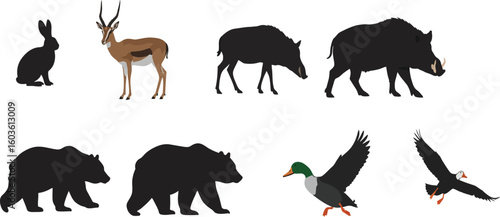 Diverse wildlife collection featuring silhouettes of animals and a gazelle in various poses