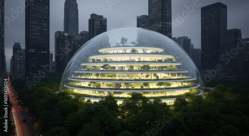 A futuristic glass dome building with multiple levels of greenery, illuminated at night amidst a dense cityscape of skyscrapers