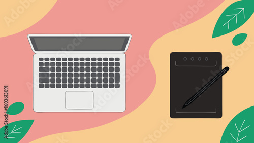 Silver laptop and drawing tablet with stylus on pink and yellow background
