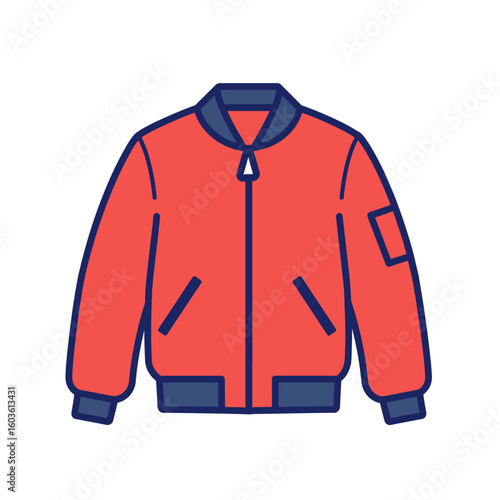 Flat icon illustration of bomber jacket, bold blue outline