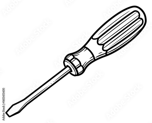 Detailed Black and White Illustration of a Flathead Screwdriver