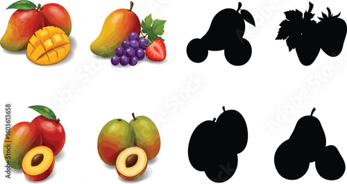 Vibrant fresh mangoes, grapes, strawberries, and plums with silhouettes for design
