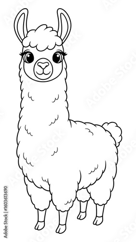 Adorable Cartoon Llama in Black and White Outline