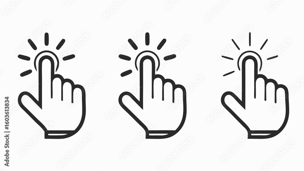Fototapeta premium Three black hand cursor icons with radiating lines
