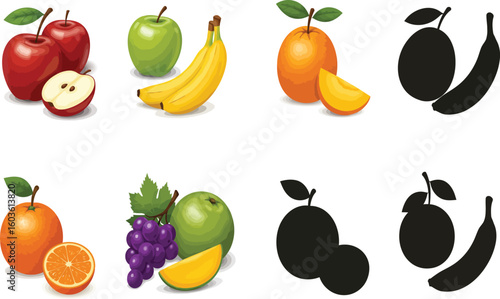 Vibrant fresh fruits and their silhouettes, perfect for healthy lifestyle concepts