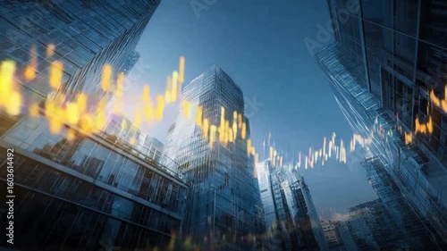 Financial Growth in the Metropolis: A dynamic view of modern skyscrapers interplays with the depiction of fluctuating market indicators, symbolizing economic growth and urban progress.