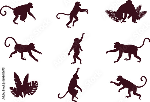Dynamic monkey silhouettes captured in playful jungle poses, perfect for wild adventure themes