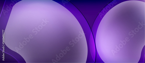 Abstract purple shapes overlap, creating fluid design. Smooth gradients suggest depth, modern aesthetic. Dark background enhances luminosity.