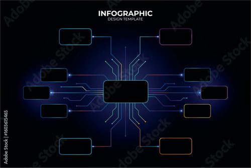 Colourful scheme template for process flow diagram AI. Glowing infographic design with thin lines for web interface infographic, business site report. Tech, futuristic. Selection, choice. Modern