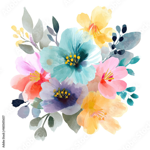 Watercolor bouquet of vibrant flowers in pastel shades