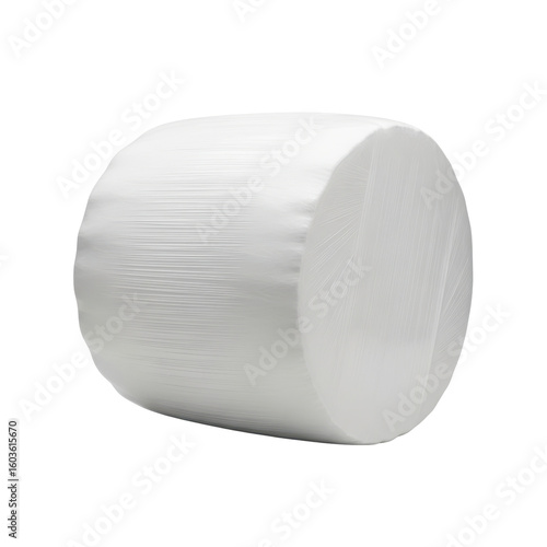 A large cylindrical bale of hay or silage, tightly wrapped in white plastic film, ready for storage or transport. Essential for modern farm operations.