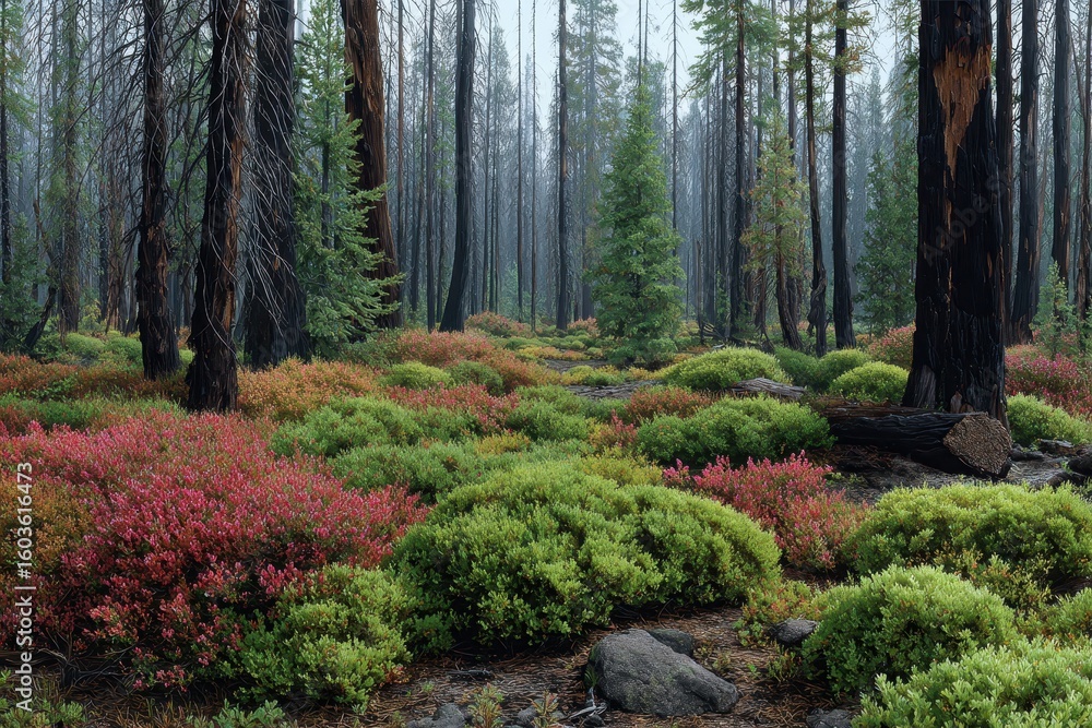 Fototapeta premium Vibrant forest floor carpeted with lush moss and autumn foliage beneath tall evergreen trees