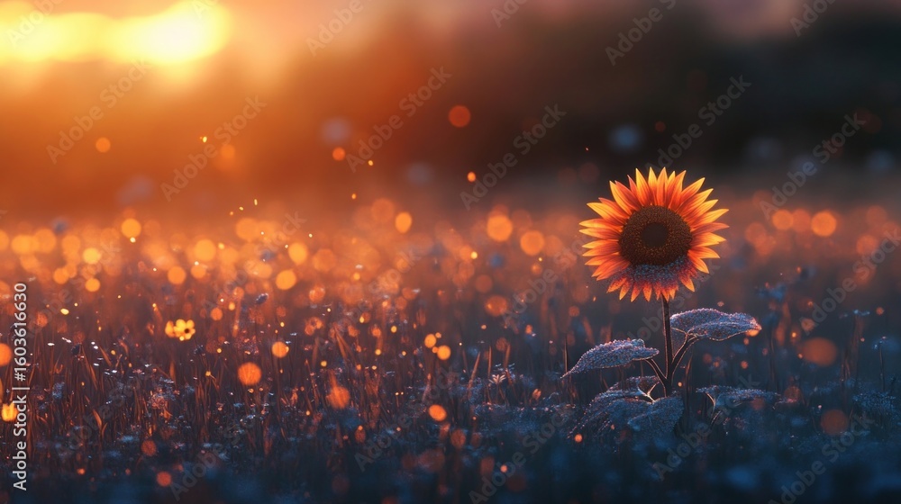 Obraz premium Beautiful sunflower in warm sunset light in summer meadow. Calm tranquil moment in countryside. Sunflower growing in evening field