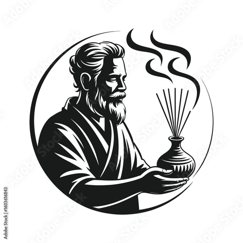 Bearded man holding aromatherapy diffuser with smoke incense