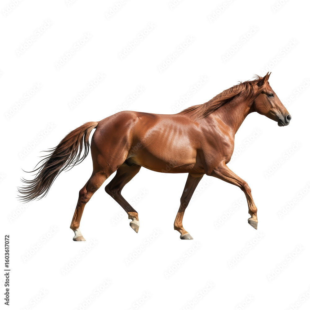 Obraz premium A beautiful brown horse gracefully trots across the frame, its muscular body and flowing tail highlighted. Ideal for equestrian themes, nature, or animal related designs.