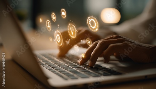 Close-up of hands typing on a laptop with glowing digital icons emanating from the keyboard, suggesting technological innovation and digital interaction