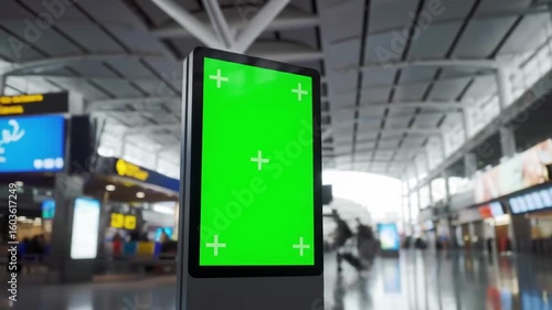 Digital billboard with a green screen for advertising mockup in a modern airport terminal. Blank chroma key display for travel promotions.