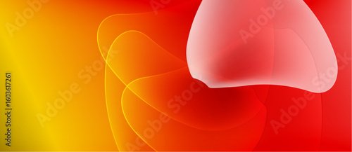Abstract gradients blend yellow, orange, red hues. Fluid shapes overlap creating dynamic visual effect. Minimalist design, vibrant colors.