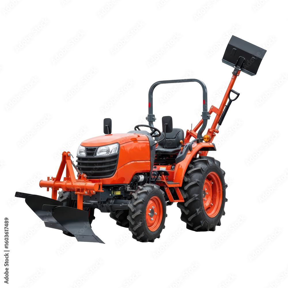 Obraz premium Bright orange compact utility tractor equipped with a front plow and a rear bucket attachment, ready for various agricultural or landscaping tasks.