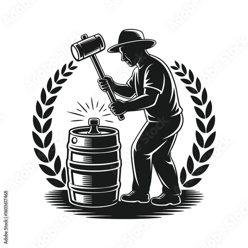 Blacksmith hammering barrel with laurel wreath forging metalwork