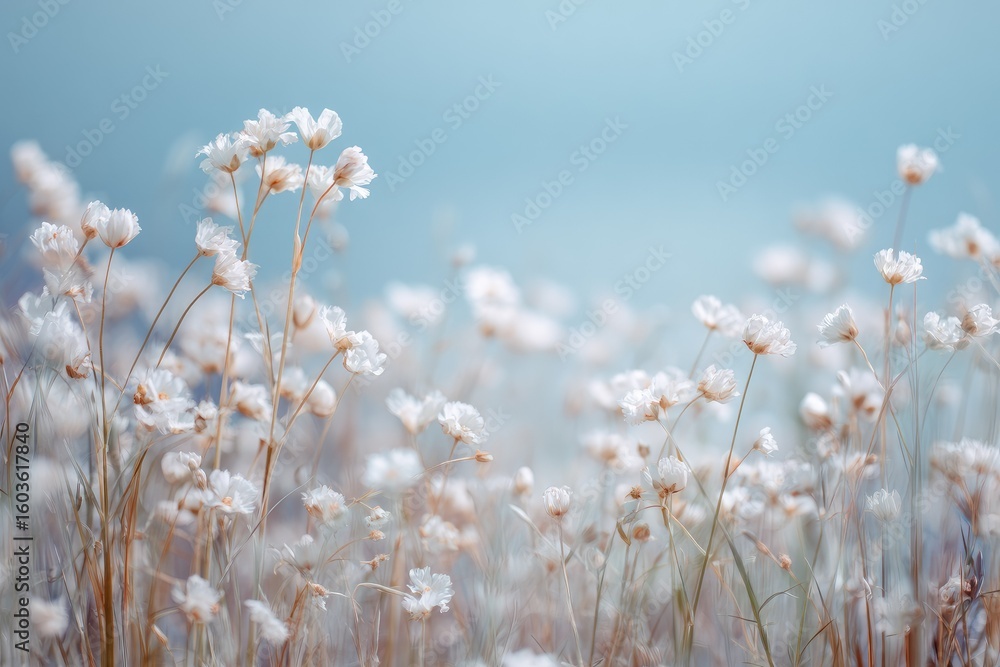 Soft-focus image of a field of delicate white wildflowers against a muted blue sky. The shallow depth of field emphasizes the foreground blooms Soft-focus image of a field of delicate white wildflowers against a muted blue sky. The shallow depth of field emphasizes the foreground blooms