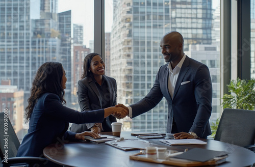 A Black man shaking hands with an African American woman in business attire sitting at the table